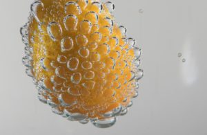 A yellow fruit submerged in a clear liquid, with bubbles of many sizes clinging to the outside of the fruit. This demonstrates the activity of stomach acid when food is introduced.