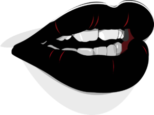 An image of black lips, partially open to show some of the top and bottom teeth. Maybe the person has a burning mouth, or just had too much Pepto!